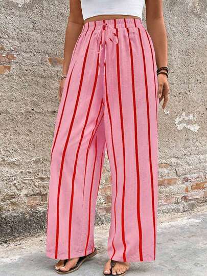 Women's Pink Striped Casual Vacation Style Pants