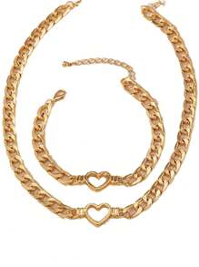 1 Stück Halskette + 1 Stück Armband mit Cut Out Herz Design in Goldkette, Schmuckset aus Zinklegierung, eleganter Freizeitstil, Geschenkidee für ein Date