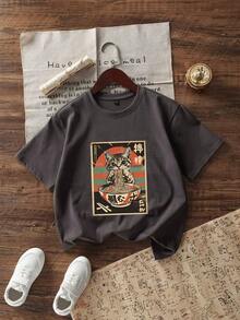 Tween Girl Casual Funny Print Crew Neck Short Sleeve T-Shirt, Summer Top - Dark Grey - View 2