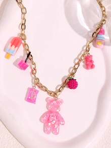 1pc Funky Jewelry Pink Cute Bear Charm Pendant Necklace, Summer Cartoon Ice Cream Candy Lipstick Multi-Element Charms Necklace DIY Personalized Creative Women Jewelry - Pink - View 8