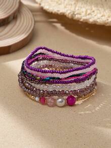 Set de 10 piezas de pulseras con cuentas de cristal de estilo bohemio y multicolor para mujeres, pulseras apilables elegantes y coloridas para uso diario o vacaciones - Multicolor - Ver 11