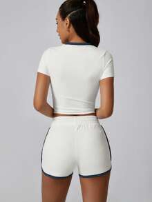 NcmRyu 1套抽绳腰部撞色塑身短袖短裤运动套装