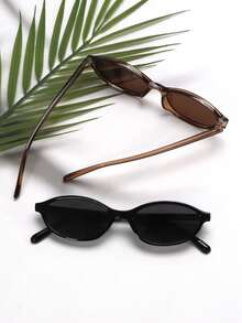 2pcs Fashion Small Frame Oval Fashion Glasses Personalized Versatile Vintage Women's Glasses Summer Travel Holiday Beach Accessories Back To School Preppy School Look - 2pcs(黑色+茶色) - 查看 6