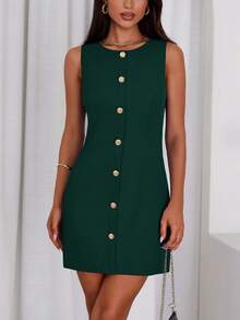 Valentine's Day Women's Formal Summer French Style Business Sleeveless Button-Up Skirt Elegant Work Office Dress - Green - View 5