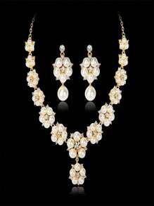 Conjunto de 3 piezas con collar con perlas falsas, rhinestones y flores, y pendientes con cuentas, apropiado para banquetes, fiestas, vestidos de novia y uso de joyería de mujer