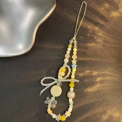 Noise Isolating Multi-Element Handmade Beaded Butterfly & Bear Phone Lanyard, Camera/Earphone Strap Chain, Multi-Functional Hanging Cord Spring Gift