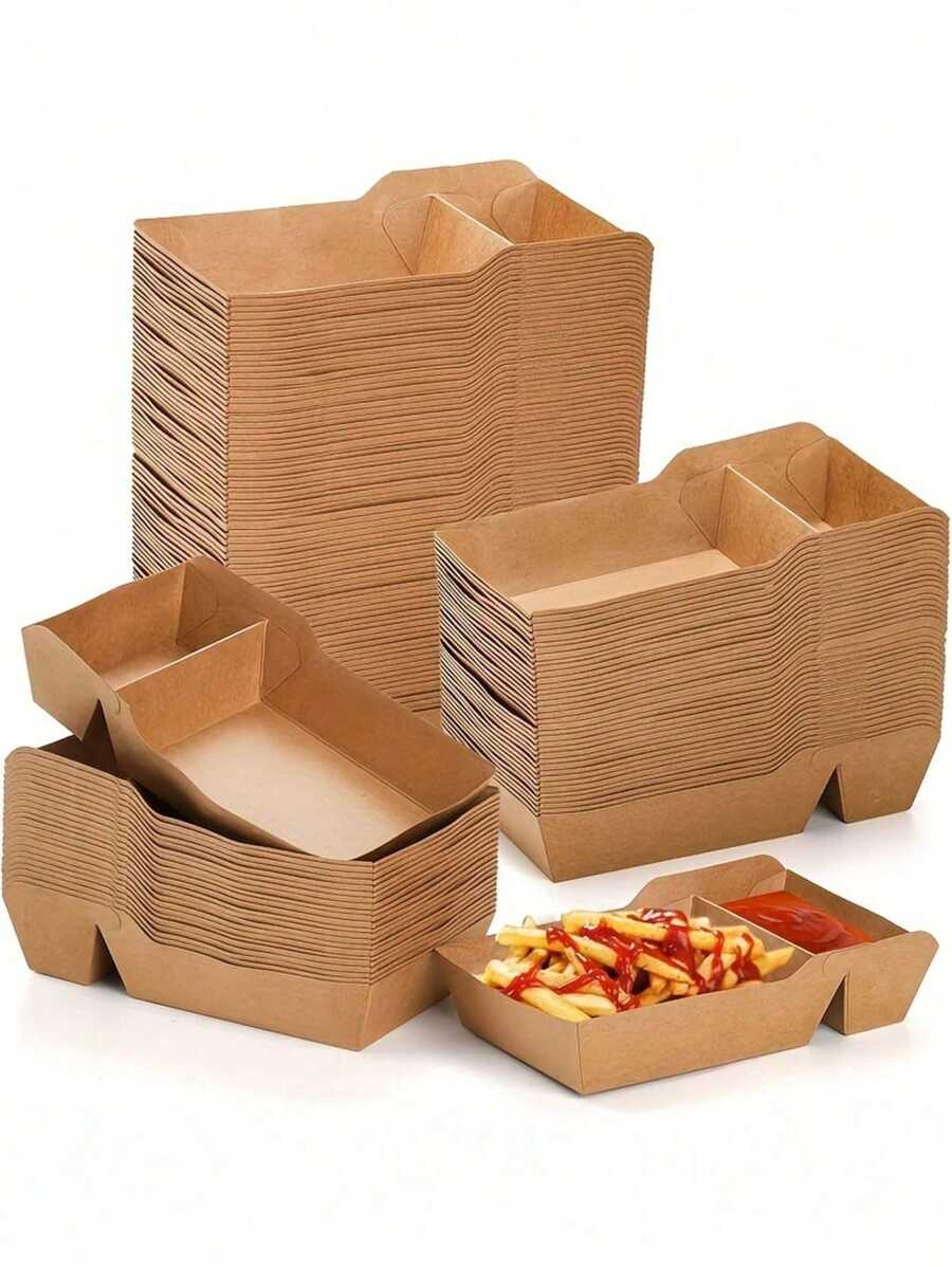 10/20pcs Disposable Kraft Paper Food Tray Boats With Dip Pocket, Rustic French Fries Box With Compartment Holder For Ketchup, Sauce, Perfect For Birthday Parties, Gatherings, Food Trucks, And Restaurants, Trays For Serving Food
