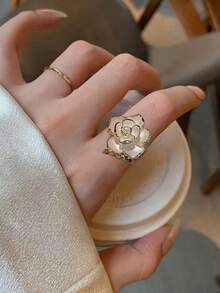 1pc Camellia Flower & Pearl Adjustable Ring, Elegant Drip Glaze Pearl Sophisticated Vintage Boho Ring