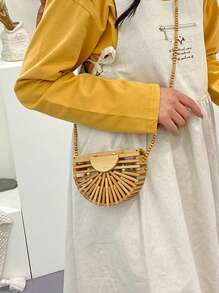 Fashion Half Moon Wooden Shoulder Crossbody Bags For Women Bamboo Woven Summer Beach Straw Bag Rattan Small Phone Purse Mini Bag