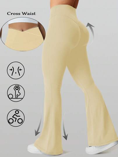 RUNONWHEELS 5 Women's V-Shaped Butt Lifting Yoga Fitness, Cream Flare Leggings With Criss-Cross Waistband, High-Waist Exercise Workout Running Tight Wide Leg Pants