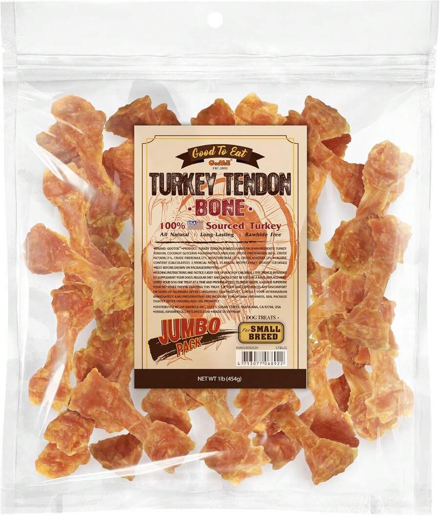 Gootoe Turkey Tendon Dog Treats, Strips 3oz, 100% USA-Sourced Turkey, Natural Snack, Premium Puppy Chews, Hypoallergenic, Rawhide Free, Reseal Value Bags, Size For Small Dogs - Bone (S) - View 1
