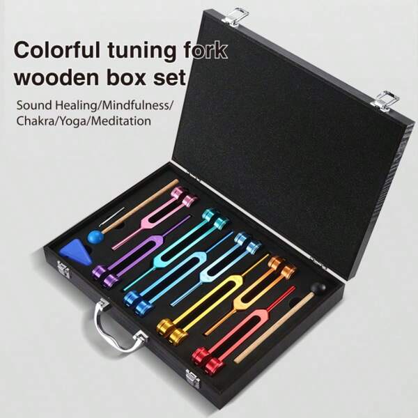 Caja de madera de lujo, set de 8 diapasones de aleación de aluminio, incluye mazo de madera, paño para pulir, ajustador y soporte triangular, para terapia de sonido, yoga, meditación, diapasones de afinación de chakras, diapasones de afinación con peso, regalo perfecto para mujeres en vacaciones