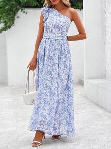 Women Summer Dress Floral One Shoulder Sleeveless Smocked Ruffle Flowy Long Dress With Pocket Boho Beach Vacation Holiday Wedding Guest Valentine Maxi Dress Outfits - Màu xanh lam - Xem 4