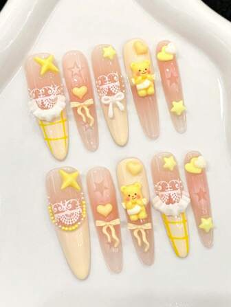 10 件长细高跟手工按压指甲，适合派对和日常佩戴，黄色，黄色指甲，可爱熊，漂亮的城堡裙，长指甲，灌木木槿花，易于佩戴 10 件 Y2K 手工按压指甲，夏季指甲，夏季风格，适合女孩和女士节日派对和日常佩戴指甲用品指甲