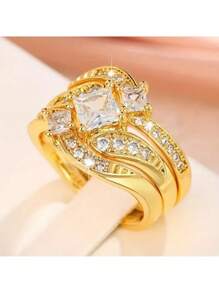 Set de 3 anillos de moda exquisitos de color dorado - Regalo de aniversario, conjunto de joyería nupcial, de compromiso y de boda