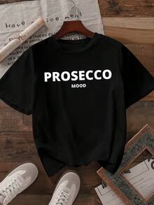 Howell Women'S Casual "Prosecco Mood" Letter Print T-Shirt, Round Neck, Regular Length - All Seasons Fashion Top - Black - View 3
