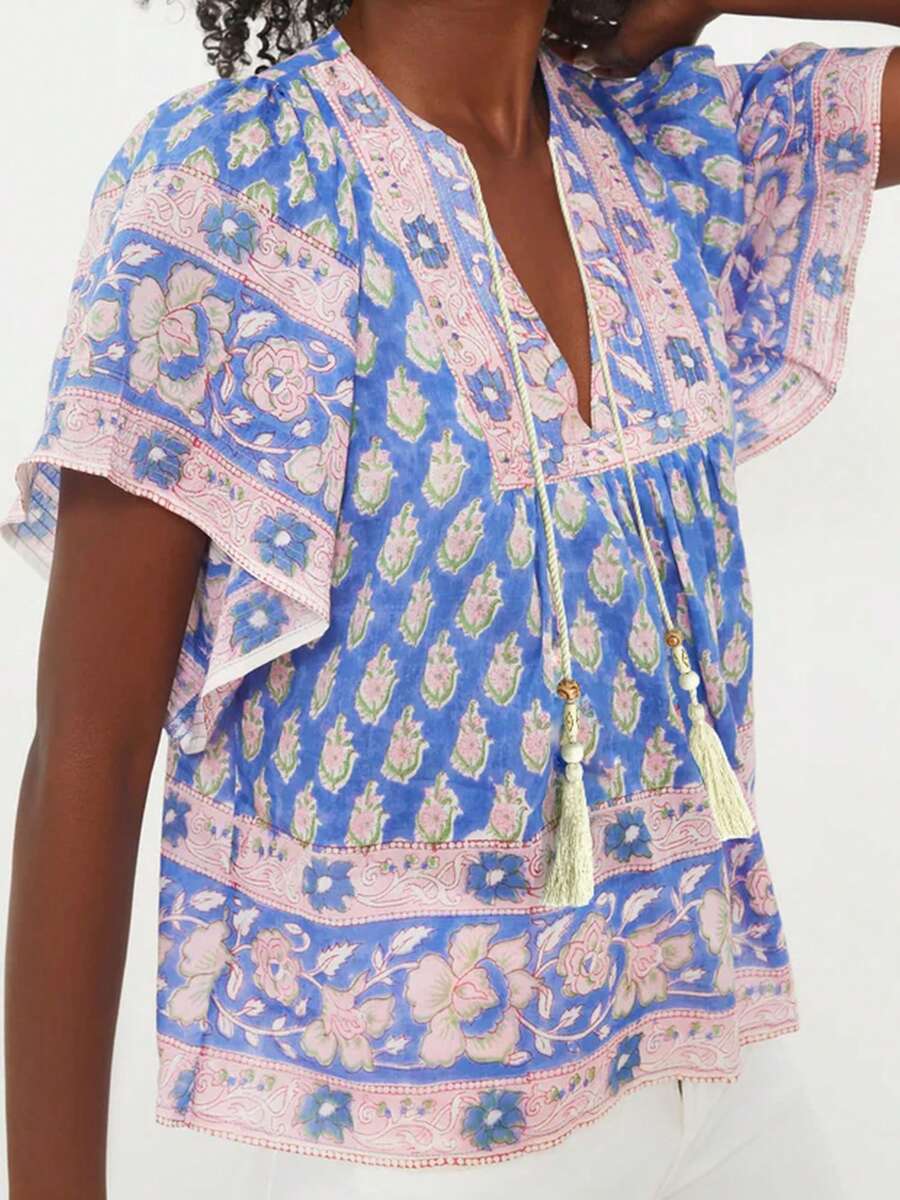 Women Boho Tops Flower Print Tie-Up Tassel V Neck Short Flutter Sleeve Shirts Casual Summer Streetwear - Màu xanh lam - Xem 1