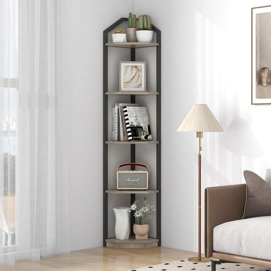 Fun Memories 5 Tier Corner Shelf, 70" Corner Shelf Stand, Corner Bookshelf Plant Stand, Storage Shelf For Bathroom, Living Room, Kitchen,Grey Home Office, Grey