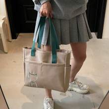 1pc,Simple Solid Color Canvas Tote Bag For Women, Large Capacity Crossbody Bag, Portable Travel Shoulder Bag, Casual Satchel Bag For Outdoor Travel Or Commuting Work, Vintage Multi-Pocket Handbag All-Match Square Bags For School, Large School Tote Bag, Multiple Compartments, Perfect For Beach, School, Work & Daily Use