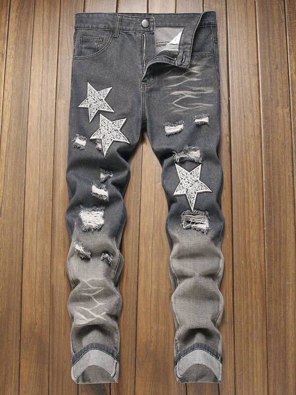 Jeans en denim avec étoile à cinq branches brodée, mode homme