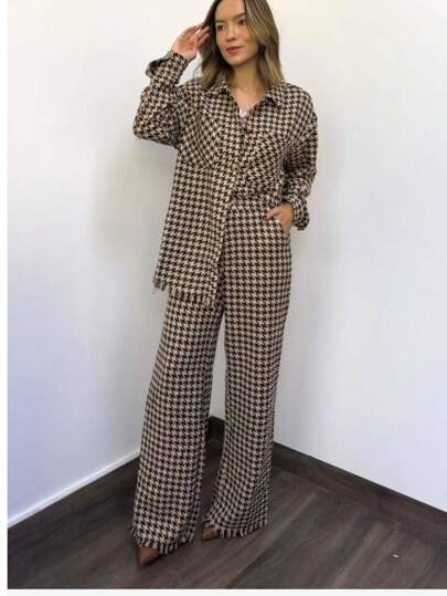 cojunto feminino xadrez  tweed calca e max camisa  elegante Casual Escritório  festa junina