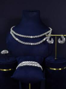 Set de 5 bijuterii de mireasă în stil regal de lux, include colier, brățară, cercei, inel, lucrat manual cu design de ciucuri cu frunze stratificate și zirconiu cubic, potrivit pentru purtare zilnică și nuntă, cadou de aniversare a nunții (ambalaj în cutie cadou) inclus