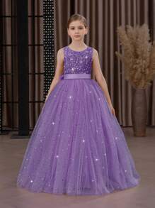 Tween Girl Sequin Bow Tulle Princess Dress, Elegant Party Gown Suitable For Girls Birthday Party, Prom, Wedding, Bridesmaid, Flower Girl Dress For Important Celebrations