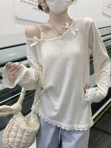 蝴蝶结双面不对称肩部薄款蕾丝拼布长袖宽松罩衫 - 杏色 - 查看 4