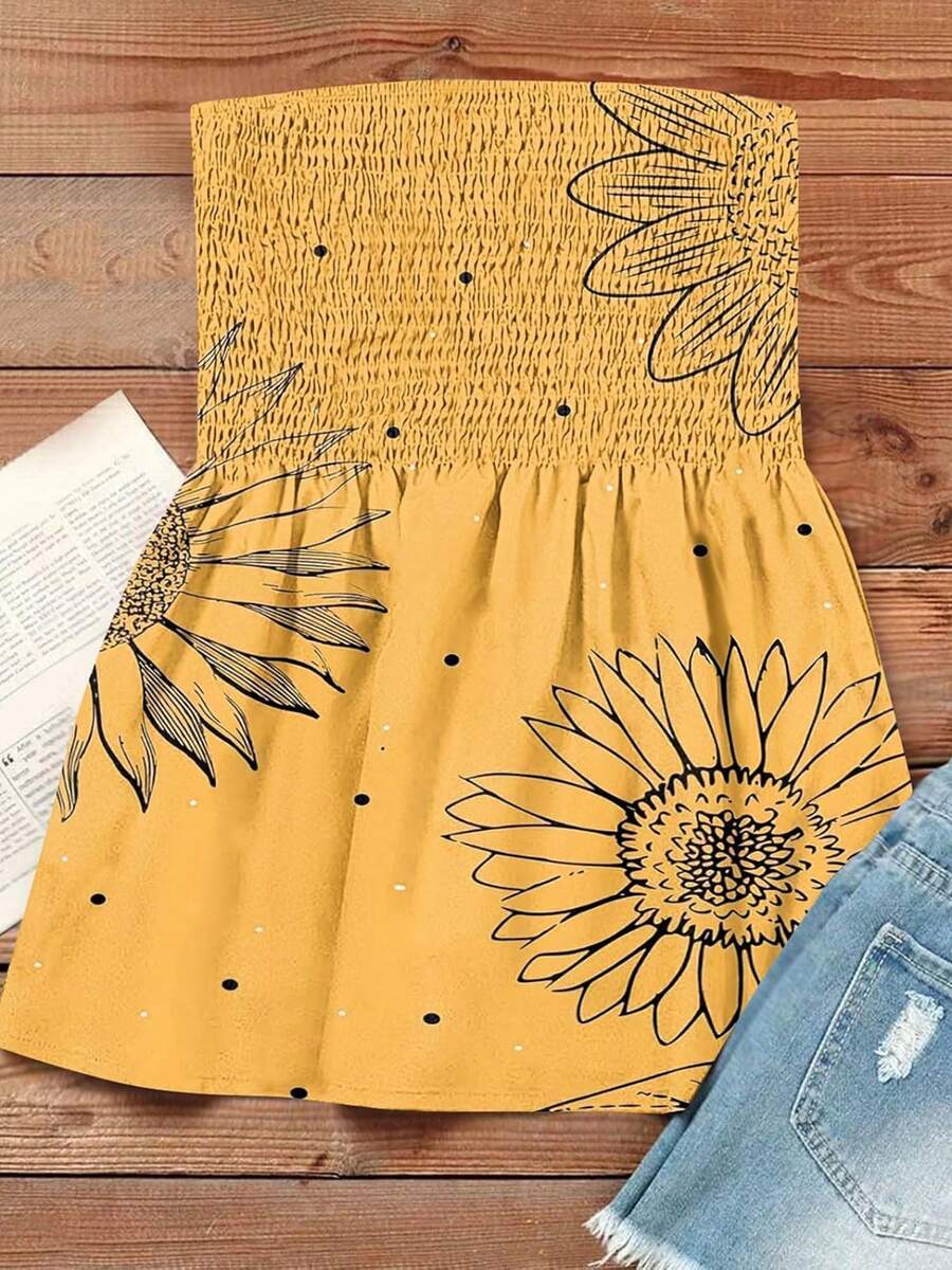Women's Smocked Ruffle Tube Tops Floral Print Strapless Bandeau Tops Flowy Hem Shirts - 黃色 - 查看 1