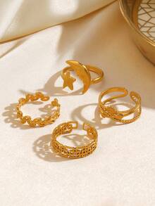 Bộ 4 nhẫn hở thời trang hình ngôi sao và mặt trời mạ vàng 18K bằng thép không gỉ, phù hợp để đeo hàng ngày cho phụ nữ - Vàng - Xem 4