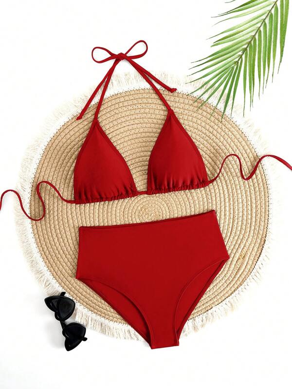 Adjustable Lace-Up Bandeau Solid Color Triangle Cup Sexy Bikini 2-Piece Set