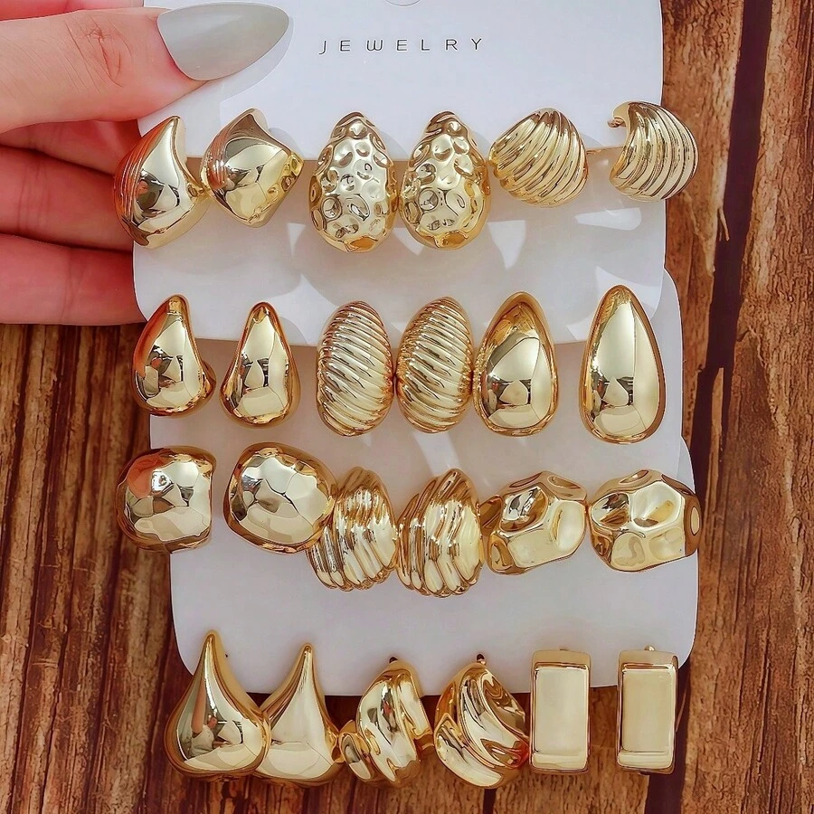 12 perechi de cercei retro minimalisti CCB geometrici asimetrici din rășină aurie, design de înaltă calitate, potriviți pentru purtare zilnică, întâlniri și festivaluri - Costum auriu - Vizualizare 1