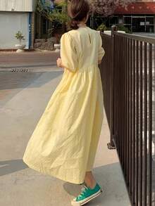 New Summer Niche Crewneck Loose Pleated Solid Puff Sleeve Maxi Dress - Yellow - View 2