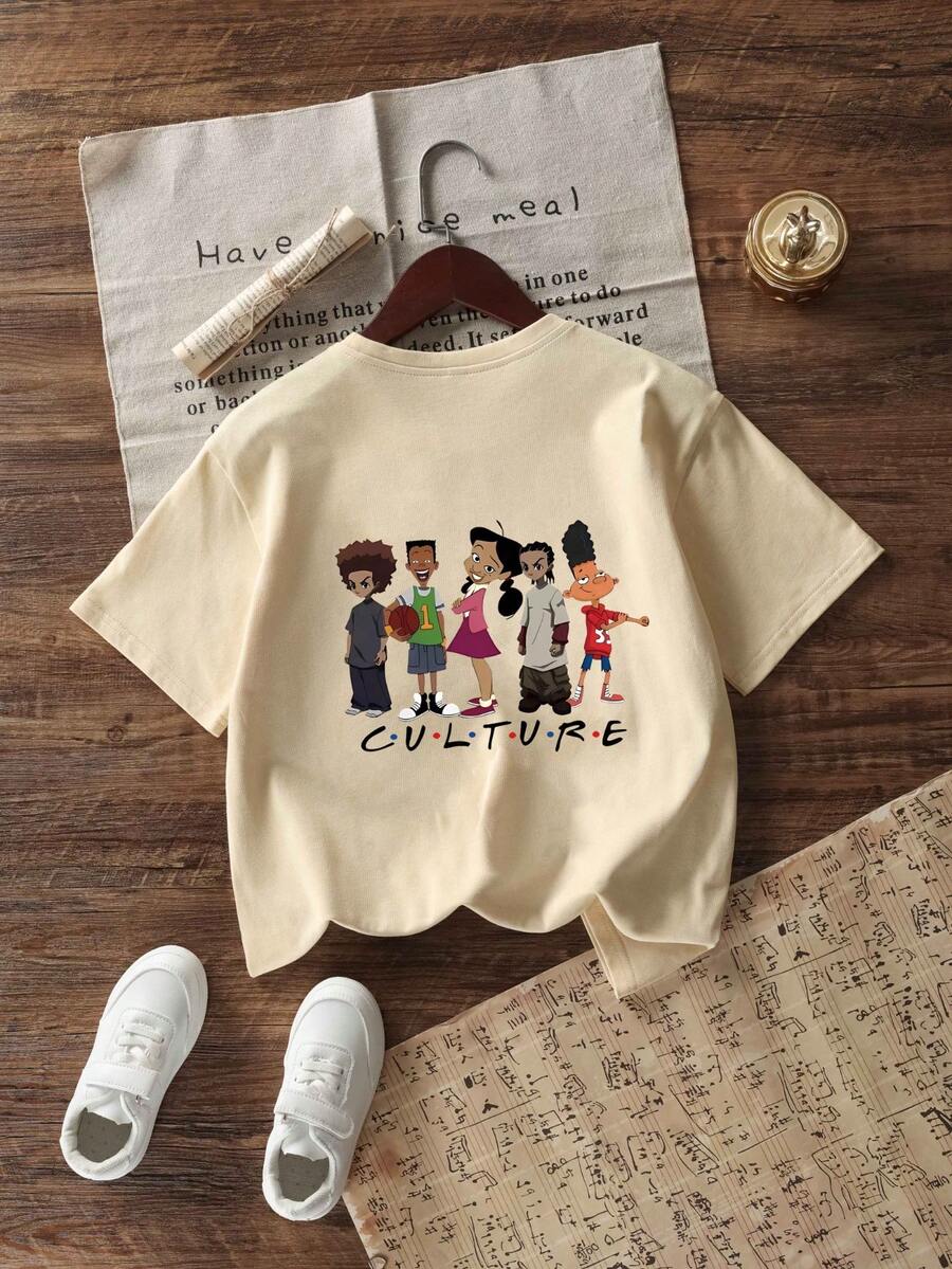 Tween 女童休闲趣味印花圆领短袖 T 恤，夏季上衣 - 杏色 - 查看 1