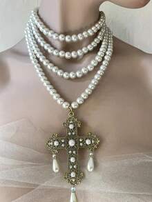 1pc Layered Faux Pearl Elegant Metal Multi-Color Cross Beaded Hollow Tassel Necklace For Women, Fashion Accessory For Daily, Party And Gift - Multicolor - View 3