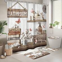 1/4 pièces Ensemble de décoration de salle de bain de style ferme, citations motivantes, grain de bois rustique, motifs floraux et de papillons. Rideau de douche imperméable en polyester avec crochets, tapis de bain antidérapant, housse de siège de toilette et accessoires de bain d'extérieur pour la rentrée scolaire