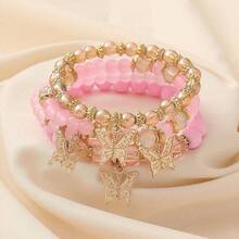 4pcs/Set Bohemian Style Stacked Bracelet Set With Colorful Butterfly Beaded Multi-Layer Bracelets - 粉色 - 查看 1