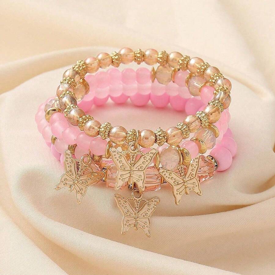 4pcs/Set Bohemian Style Stacked Bracelet Set With Colorful Butterfly Beaded Multi-Layer Bracelets - 粉色 - 查看 1