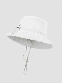 1pc Women's Spring Summer Autumn Solid Color Fringe Drawstring Bucket Hat, Large Brim For Sun Protection, Adjustable Headband, Fashion Accessory
