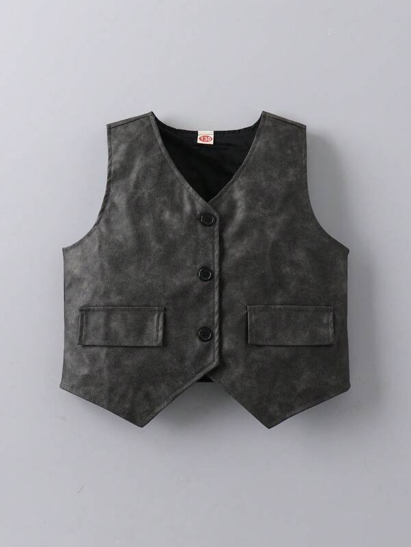 Kids Boys' Fashion Round Neck Sleeveless PU Leather Vest Jacket, New Spring/Autumn Streetwear Cool Vest Children Casual Versatile Waistcoat Tops