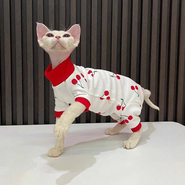 Fruit Style Cherry 4-Leg Cat Clothes, Summer Cartoon 4-Leg Jumpsuit With Sleeves For Hairless Cats, Anti-Shedding