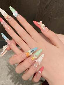 10 buc unghii lungi stiletto lucrate manual, pentru petreceri și purtare zilnică, culori multiple, unghii în culori multiple, iepure drăguț, ursuleț balon, adorabil, unghii lungi, arbust floare Althea, ușor de purtat, 10 buc unghii Y2K lucrate manual, unghii de vară, stil de vară, potrivite pentru fete și femei, festivaluri, petreceri și purtare zilnică, consumabile pentru unghii - Multicolor - Vizualizare 3