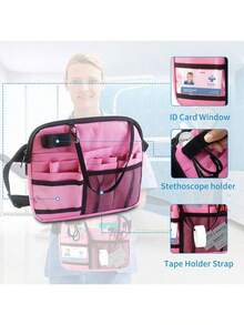 Nurse Fanny Pack With Tape Holder , Multi Compartment Medical Gear Pocket Nurse Organizer Belt Bag , Apron Hip Bag Utility Waist Pack For Stethoscopes Bandage Scissors Supplies ( Black/Pink ) - Pink - View 9