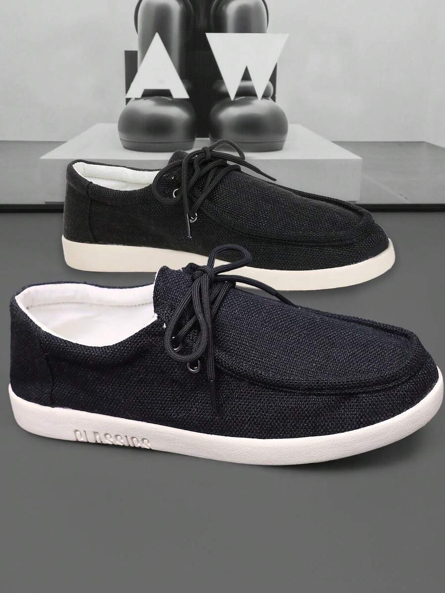 TOLLN 1 双男士亚麻鞋面橡胶底防滑透气舒适休闲鞋 - 黑色 - 查看 1