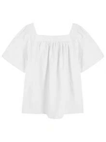 夏季方领泡泡袖休闲短袖宽松上衣