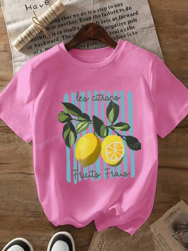 Lente en zomer nieuw, geribbeld college-stijl sportkatoenen dames T-shirt, soepele, modieuze zachte, ademende dames korte mouwen slanke top, gepersonaliseerde creatieve citroen, letter slogan, gestreepte print