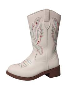 1 Pair Children's Flame Pattern, Sequin Trim, Faux Leather, Mid-Calf Zipper, Low Heel, Western Cowboy Style Boots, Suitable For Everyday/Party Wear - Beige - View 8