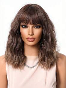 高品质自然舒适14英寸棕色卷发假发，女士全头优雅渐变色合成耐热假发，适合日常、度假和旅行佩戴。 - 棕色 - 查看 4