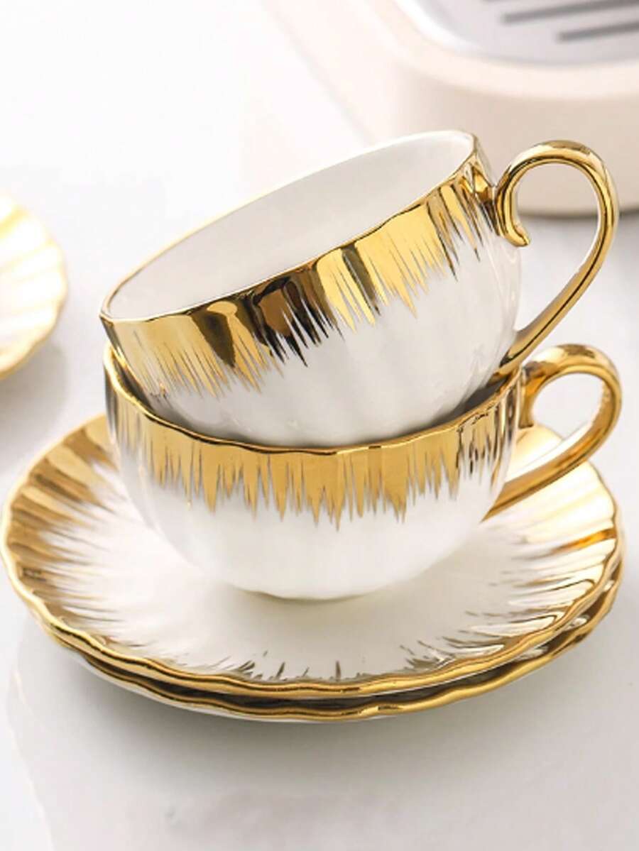 1pc High Capacity Coffee Cup Set, Ceramic Coffee Cup Set With Spoon, Cup & Saucer - 250ml/8.5oz Ceramic Tea Cup, Golden Iron Holder, Holiday Gift, Golden Coffee Cup, Suitable For Work, Daily Use, Home, Gathering, Local Warehouse, Kitchen Accessories, Cup