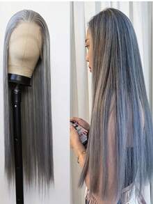 13x4 Grey Lace Frontal Super Long Straight Transparent Lace Front Wigs Human Hair Pre Plucked 150% Density Straight Virgin Human Hair Transparent Lace Frontal Wigs For Women With Baby Hair Natural Black 8-40inch - SGray - View 5